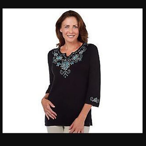 Quacker Factory Beaded Sweater Womens 2X Black Plus Rhinestone Stretch Top MM03X - Picture 4 of 8